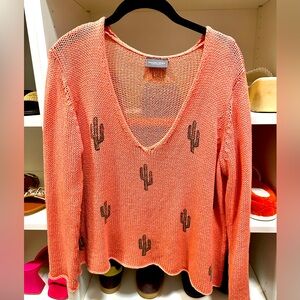 Wooden Ships coral hand-knit sweater with cactus detail. Size SM